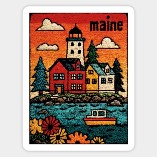 Maine Coastal Village Linocut Print | Retro New England Lighthouse Sticker